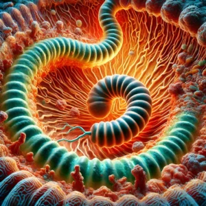 Home 9 DALL·E 2025 02 03 13.54.15 A semi realistic microscopic cross section illustration of the digestive system specifically the stomach lining. The image features spiral shaped bac