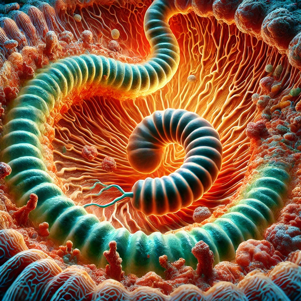 L’infection à Helicobacter pylori : Une Bactérie aux Multiples Facettes 1 DALL·E 2025 02 03 13.54.15 A semi realistic microscopic cross section illustration of the digestive system specifically the stomach lining. The image features spiral shaped bac